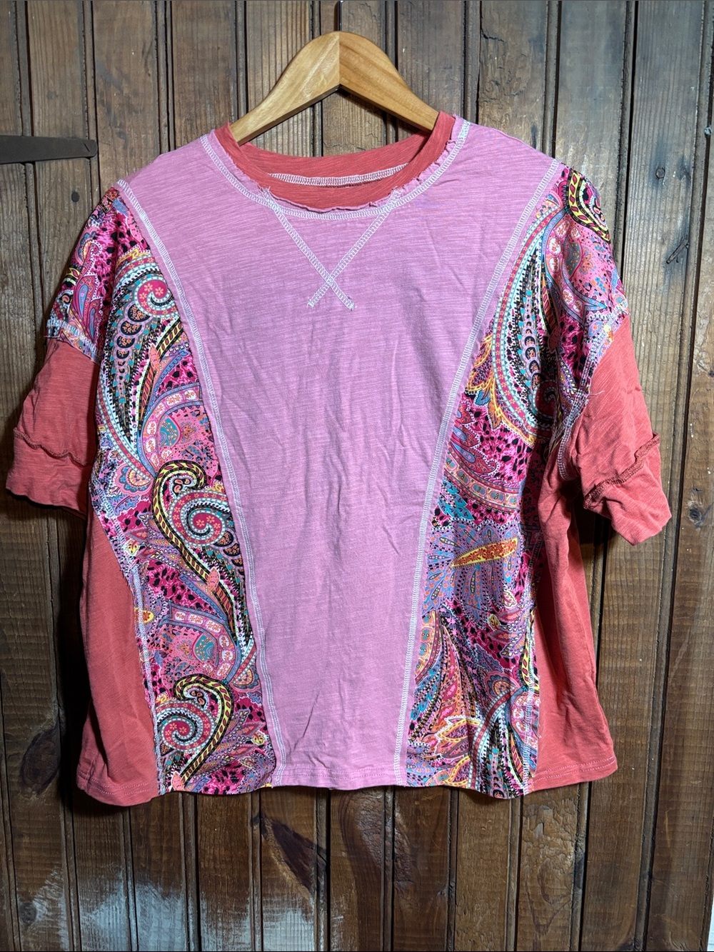 Women's Pink Paisley Panel Short Sleeve Top